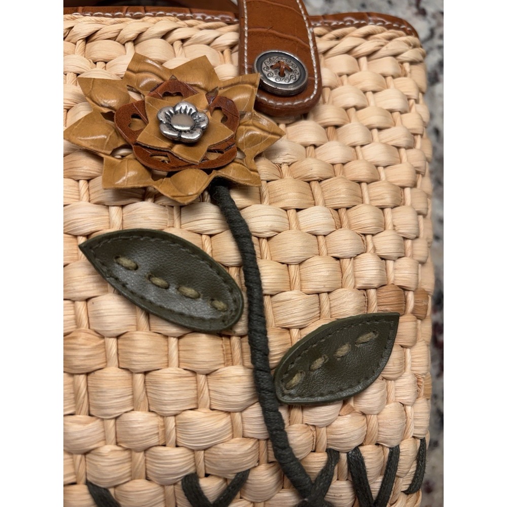 Vtg Y2K Elka Woven Straw Floral Satchel Purse Croc Leather Handle Boho Handbag - Picture 9 of 13